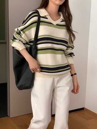 撞色橫條翻領毛衣5