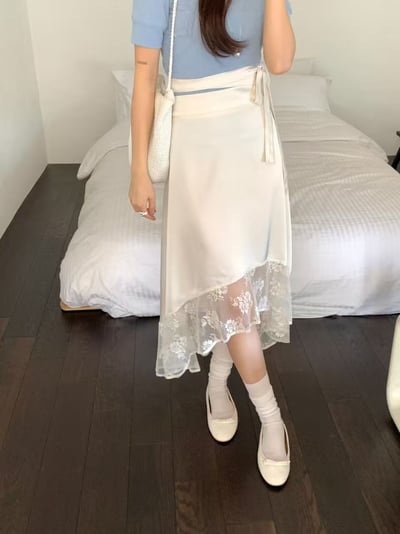 側綁帶蕾絲拼接不對稱長裙4