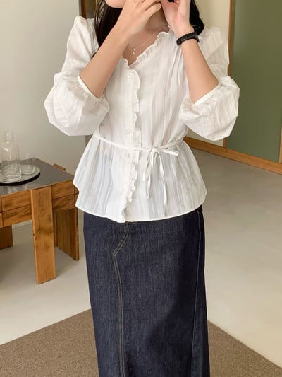 綁帶荷葉襯衫1