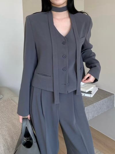 質感俐落綁帶西裝套裝(外套+長褲可拆售）3