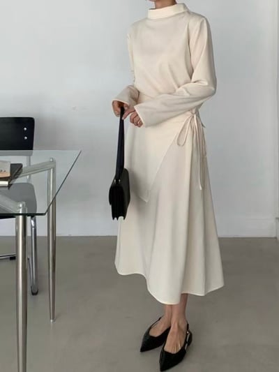 簡約斜裁腰綁帶長洋裝6