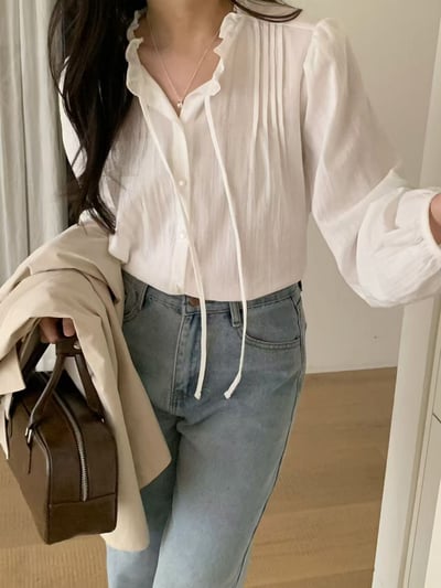 法式貓眼釦抓皺綁帶襯衫3