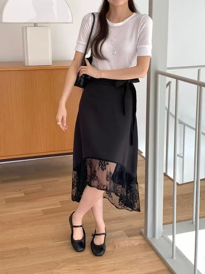 側綁帶蕾絲拼接不對稱長裙9