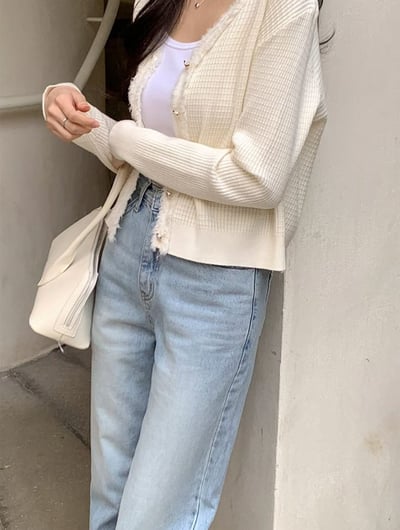 法式滾邊V領針織開襟衫4