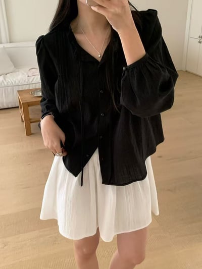 法式貓眼釦抓皺綁帶襯衫7