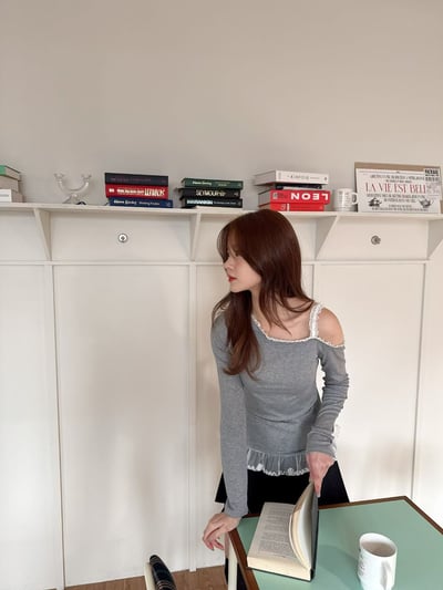 【客人許願】蕾絲斜肩拼紗修身上衣2