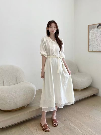 氣質壓紋雪紡綁帶長洋裝3