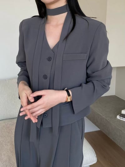 質感俐落綁帶西裝套裝(外套+長褲可拆售）4