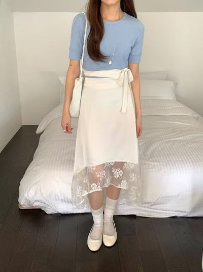 側綁帶蕾絲拼接不對稱長裙7