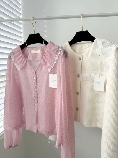 碎花蕾絲大翻領雪紡上衣7