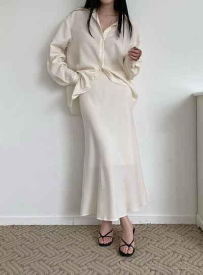 質感襯衫＋垂墜長裙套裝1