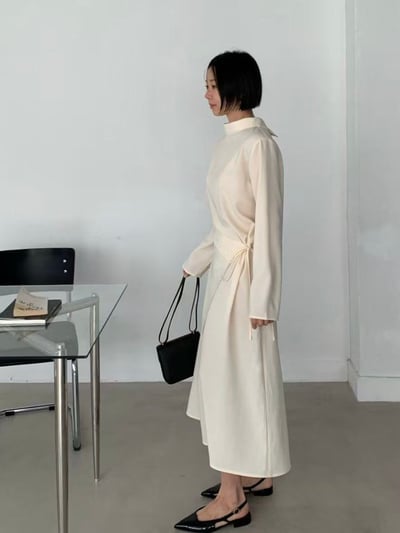 簡約斜裁腰綁帶長洋裝8