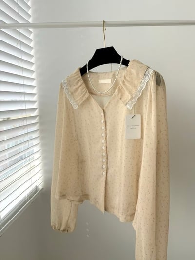 碎花蕾絲大翻領雪紡上衣5