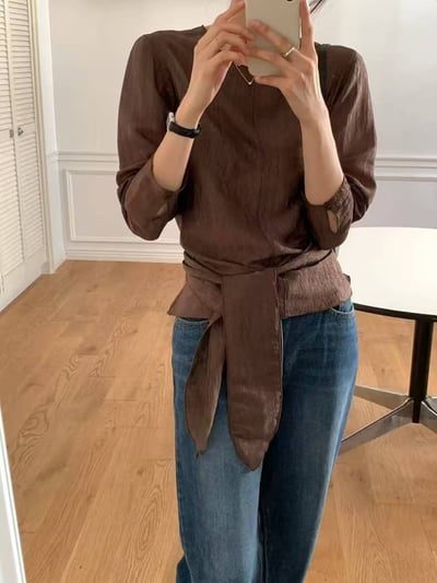 緞面綁帶雪紡上衣2