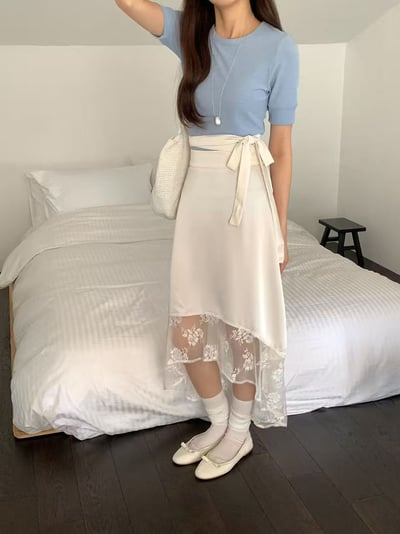側綁帶蕾絲拼接不對稱長裙3