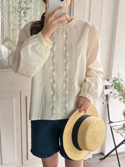 小花刺繡蕾絲荷葉領上衣5