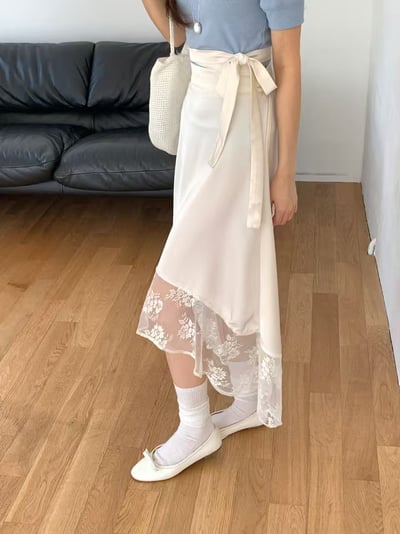 側綁帶蕾絲拼接不對稱長裙2