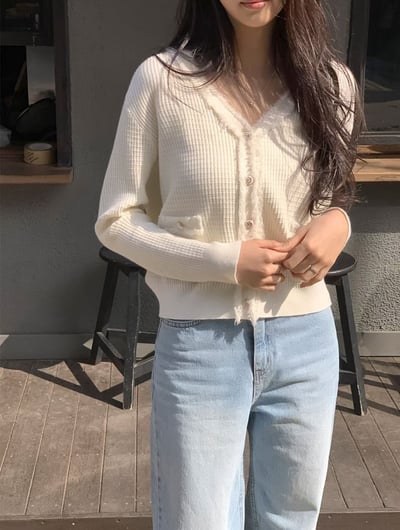 法式滾邊V領針織開襟衫1