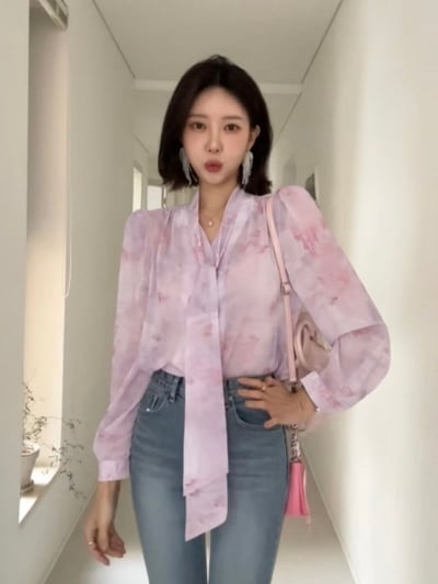 柔霧暈染綁帶雪紡上衣3