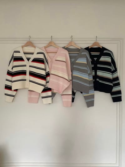 撞色條紋V領針織開襟衫9