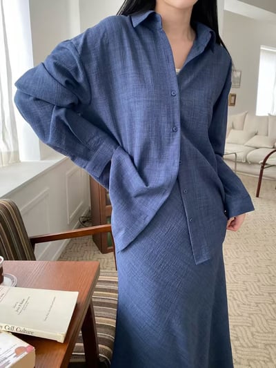 質感襯衫＋垂墜長裙套裝4