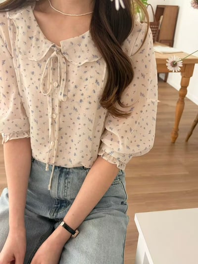 細緻碎花綁帶雪紡上衣1