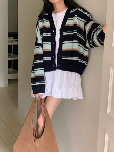 撞色條紋V領針織開襟衫5