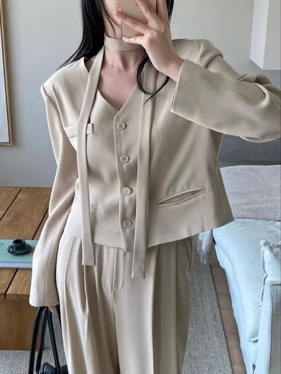 質感俐落綁帶西裝套裝(外套+長褲可拆售）2