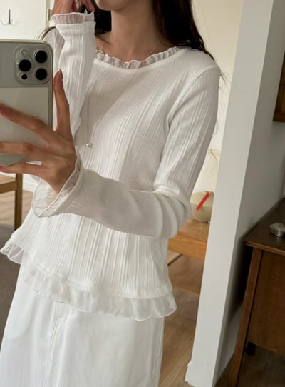 拼紗荷葉滾邊坑條修身上衣1