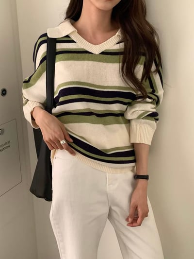 撞色橫條翻領毛衣1