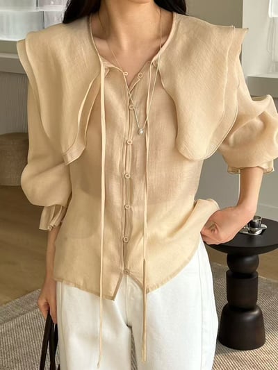 天絲大領片綁帶襯衫6