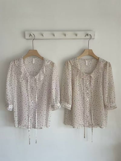 細緻碎花綁帶雪紡上衣8