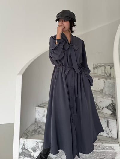 柔霧綁結蝴蝶領長洋裝7