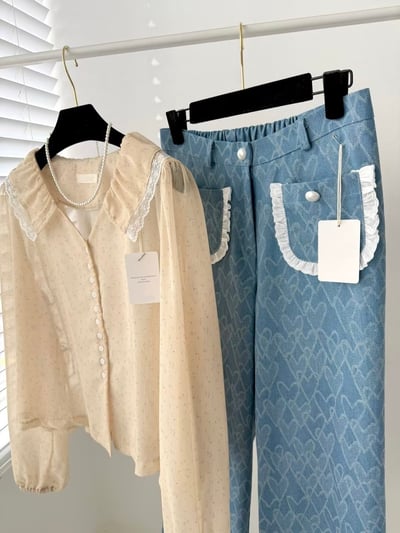 碎花蕾絲大翻領雪紡上衣3