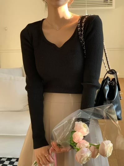 溫柔桃心 V 領坑條針織上衣7