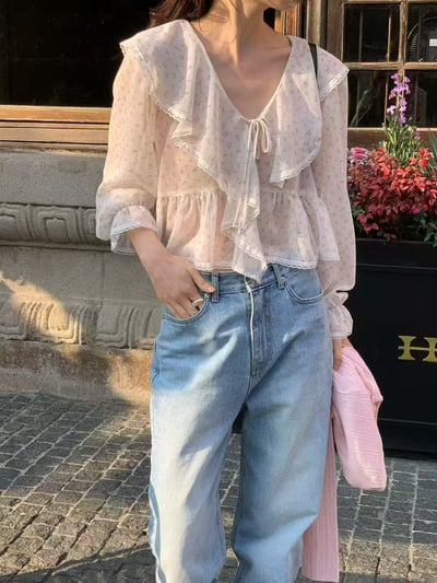 法式大翻領綁帶雪紡上衣7