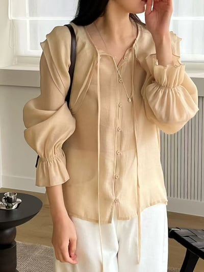 天絲大領片綁帶襯衫9