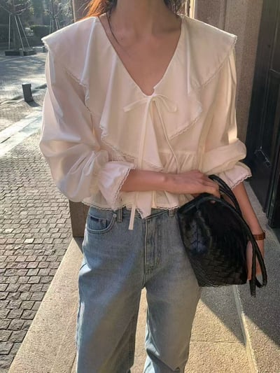 法式大翻領綁帶雪紡上衣11