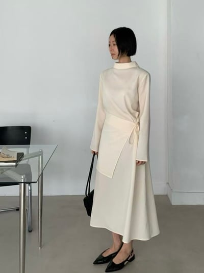 簡約斜裁腰綁帶長洋裝7