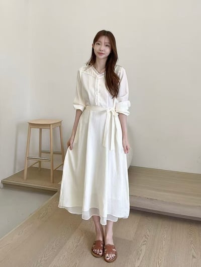 氣質壓紋雪紡綁帶長洋裝2