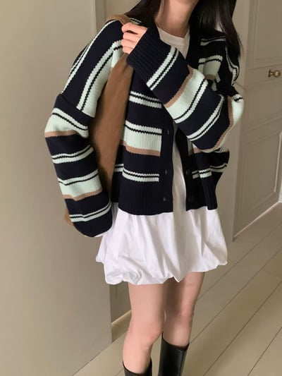 撞色條紋V領針織開襟衫4