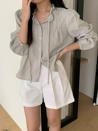 法式貓眼釦抓皺綁帶襯衫4