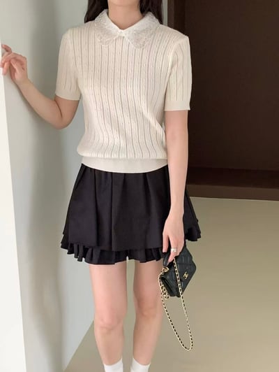 銀珠刺繡領片針織上衣3