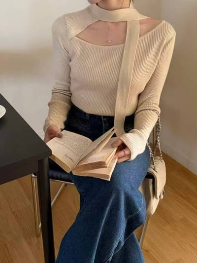 斜肩垂帶針織上衣2