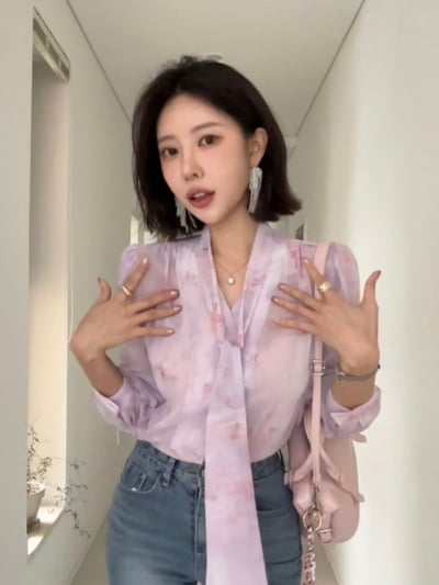 柔霧暈染綁帶雪紡上衣5