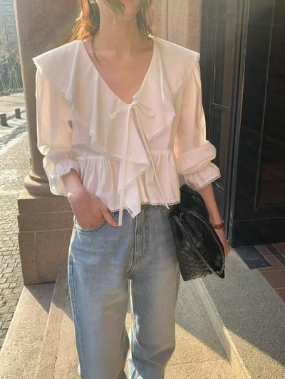 法式大翻領綁帶雪紡上衣12