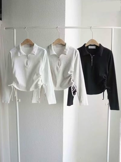 抽繩拉鍊彈性棉料短版上衣1