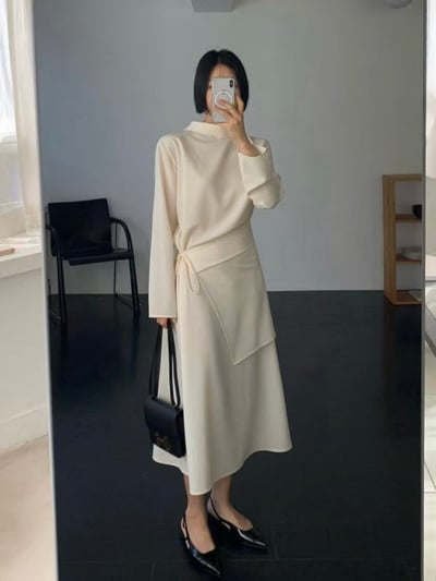 簡約斜裁腰綁帶長洋裝1