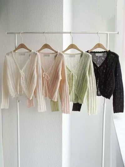 溫柔鏤空刺繡前綁帶開襟衫1