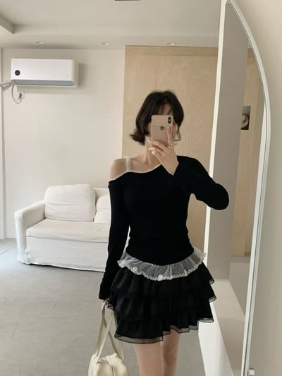 【客人許願】蕾絲斜肩拼紗修身上衣3